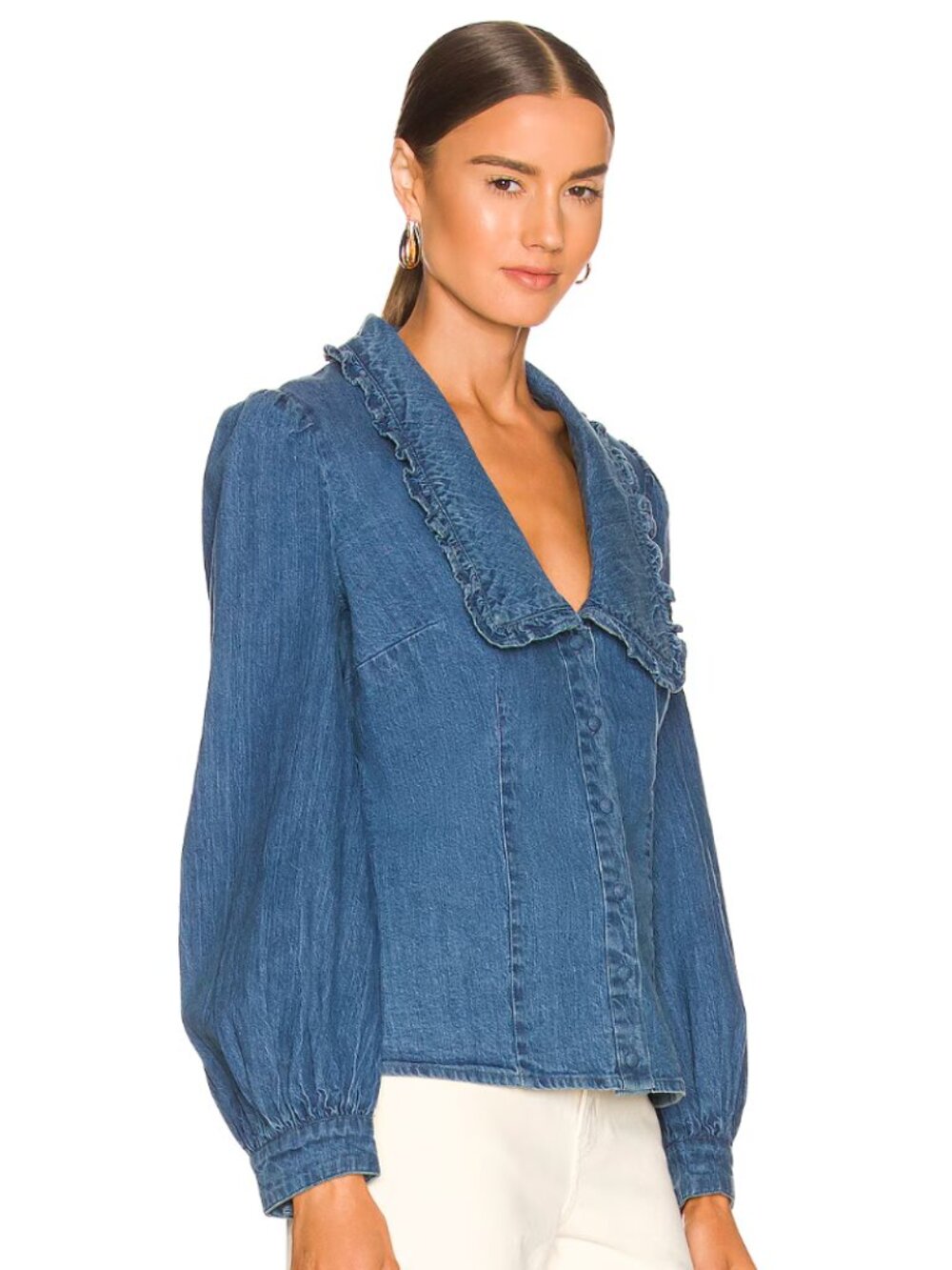 Bardot Ruffle Trim Chambray Shirt in Vintage Blue Size XL
